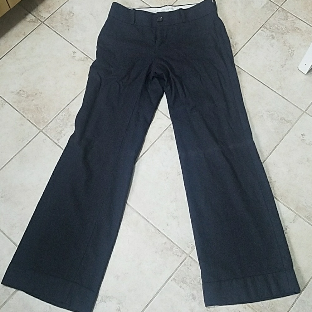 Gray wool wide leg trousers.